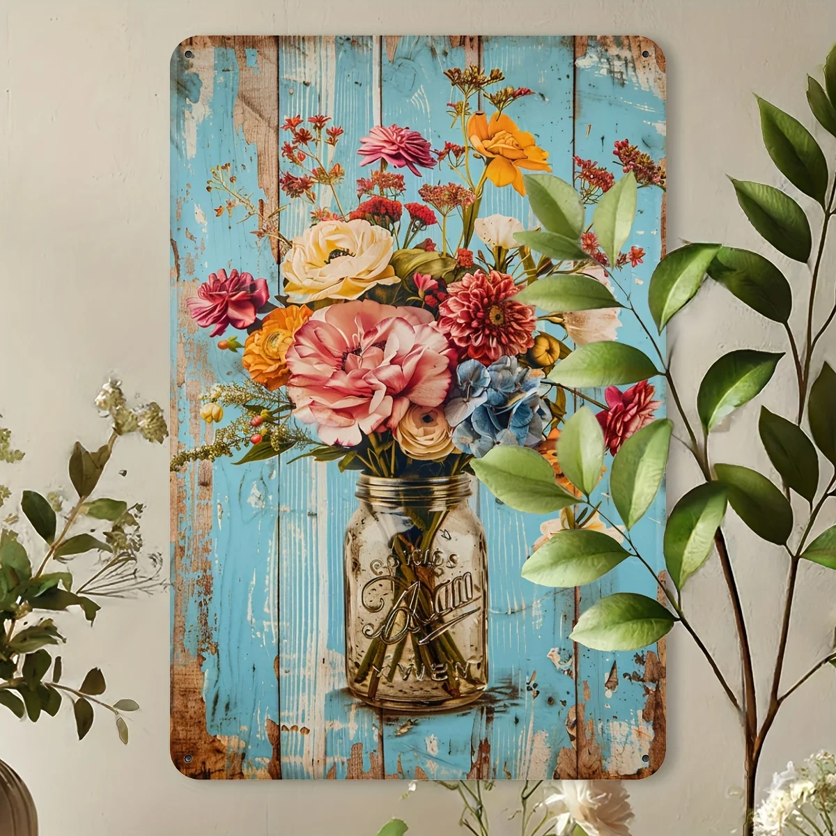 2D Flat - Set of 1 Vintage Floral Mason Jar Metal Sign, Rustic Iron Wall Decoration, 8X12 Inches, Suitable for Home, Cafe, Gym,