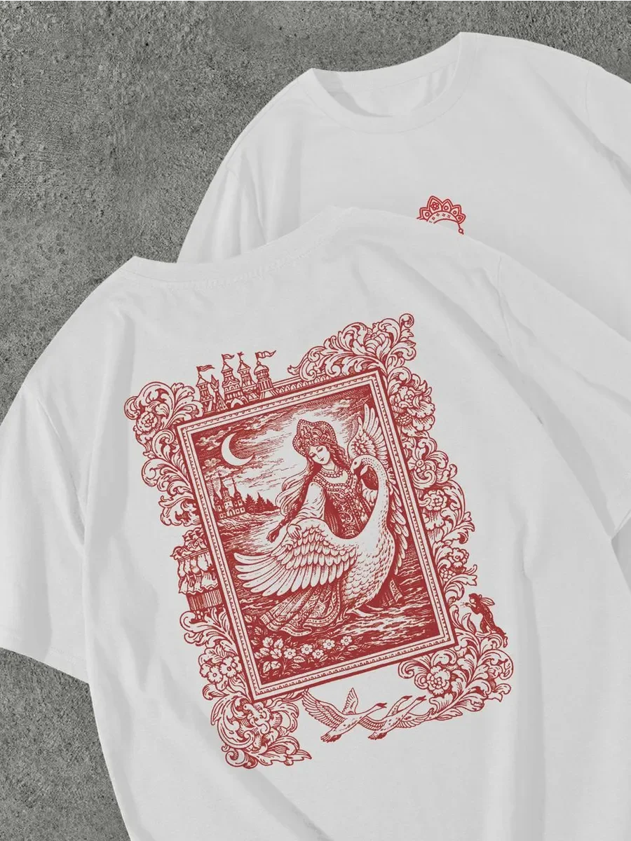 Women Summer 100% Cotton Short Sleeve Vintage Swan Lady Castle Moon Frame Back Print T Shirt  Loose Casual Basic Chic Daily Top