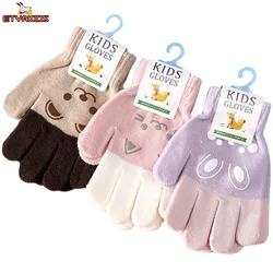 1Pairs Winter Warm Gloves for Children Boys Girls Cartoon Bear Bunny Cat Pattern Glove Kids Outdoor Playing Gloves for 3-7 Years