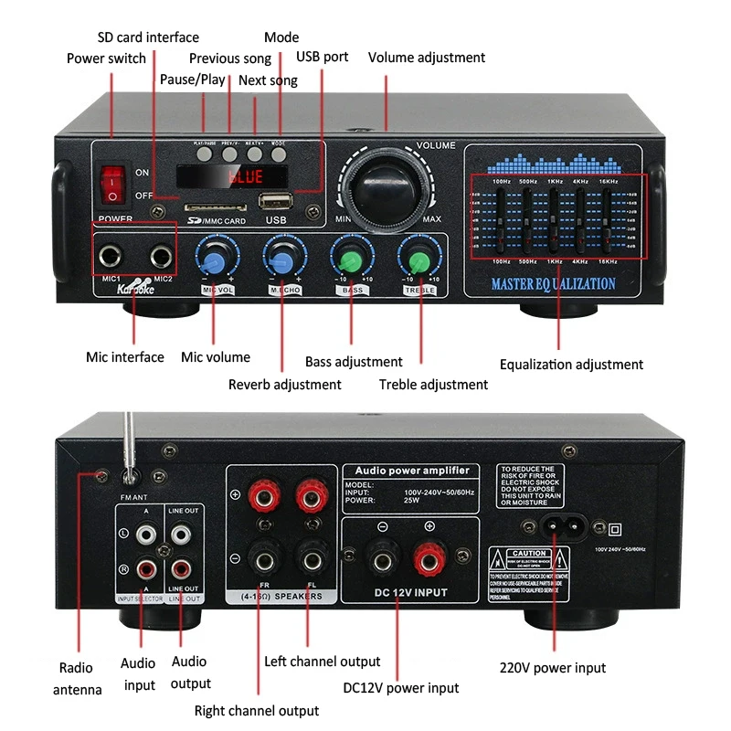 High Power Sound Amplifier Bluetooth Amp AV-019 Hifi Amplifier Bass and Treble Adjustment Physical Equalization For Home Karaoke