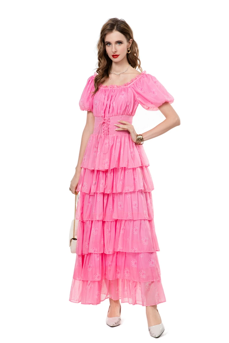 Vestidos femininos decote colher mangas curtas em camadas babados elegante designer vestido de baile maxi vestidos