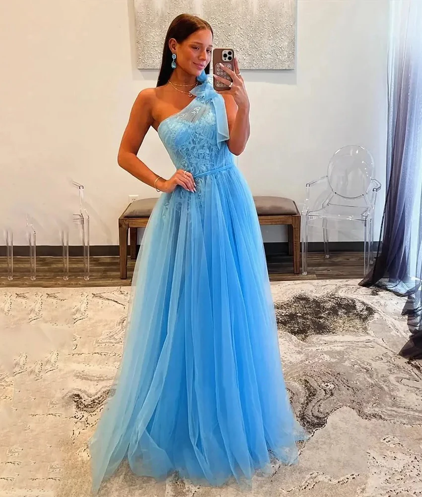 

Customized Sexy Tulle A-Line One Shoulder 3D Bow Appliques Evening Dress High Quality Sleeveless Floor Length Party Gowns