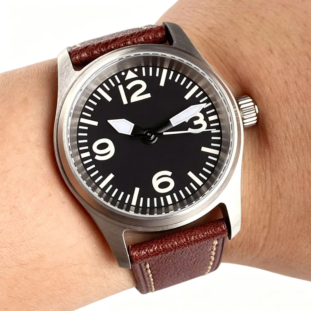 Tandorio 36mm Black Sterile Pilot Automatic Watch Sapphire Glass Luminous NH35A Asia2824 Miyota8215 Men Dive Watch 20ATM Leather