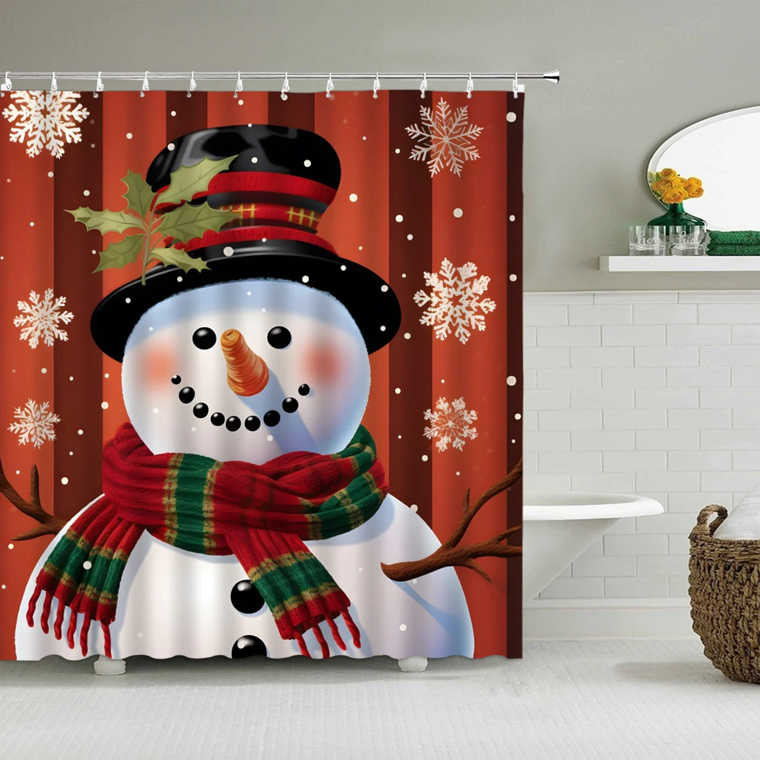 Christmas Shower Curtain Winter Snowman Snowflake Christmas Tree Red Truck Bell Red Bird Colorful Christmas Ball Bathroom Decor