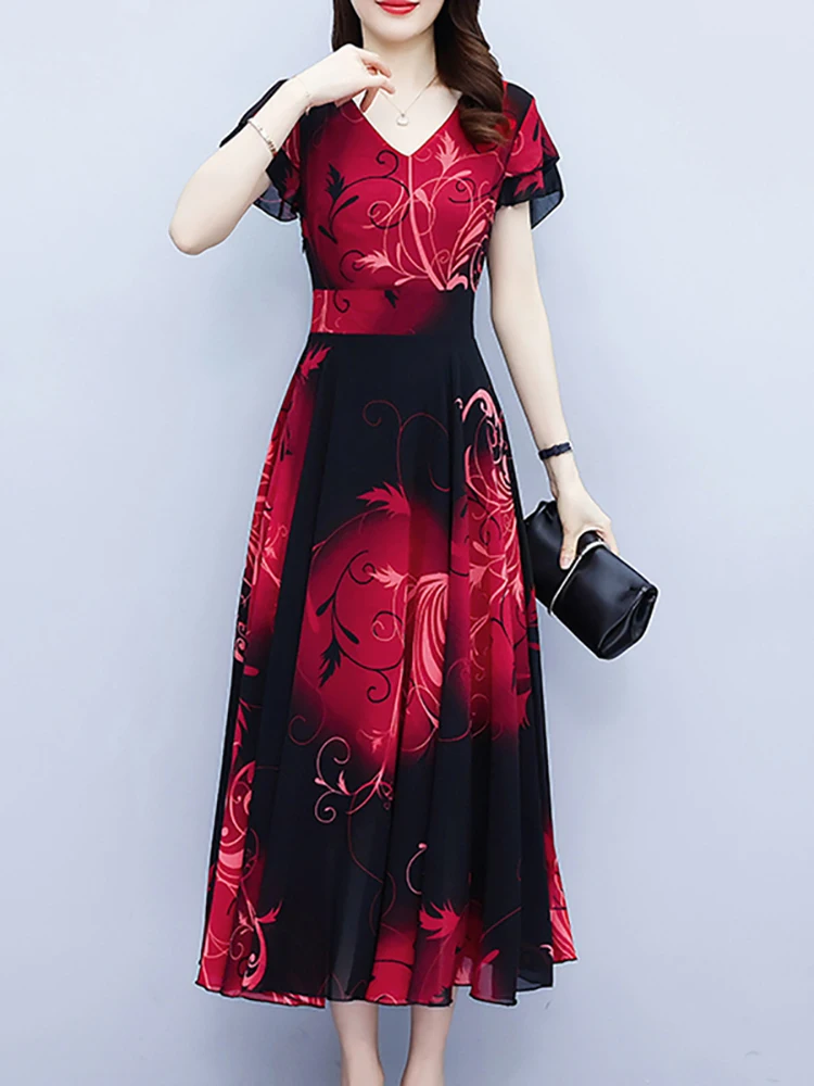 Summer Red Floral Chiffon Short Sleeve V-Neck Midi Robe Summer Vintage Elegant Prom Night Dress 2024 Bodycon Party Long Vestidos
