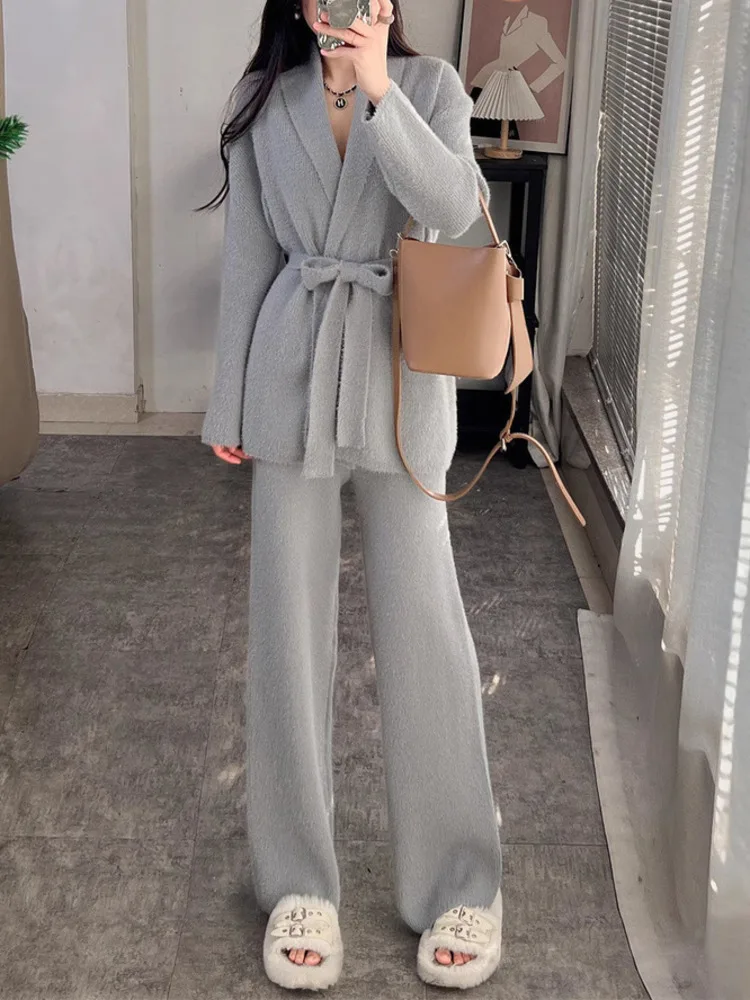 UCXQ Elegant Women's Sets Korean Style Lapel Tie Waist Cinched Knit Cardigan Wide Leg Pants Two-piece Set 2025 Spring New 3C2977