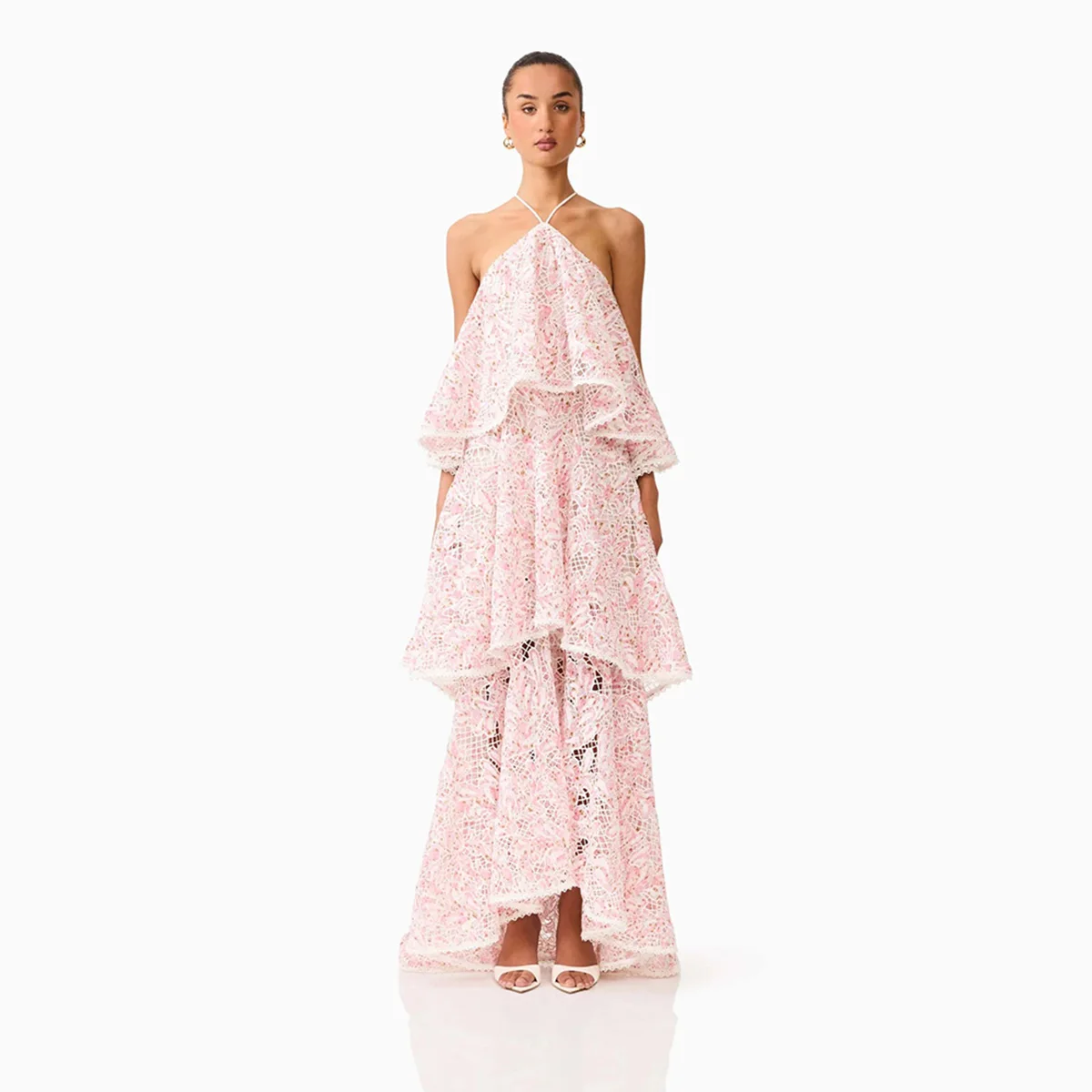 Pink printed patchwork grid layered cake dress women hanging neck and back cross pleated floral dress French romantic long dress