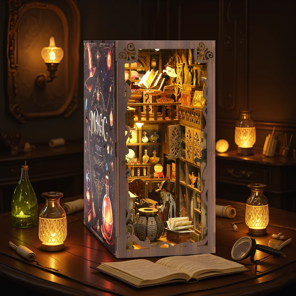 DIY كتاب الزاوية عدة مع أضواء LED بيت الدمية الخشبية ثلاثية الأبعاد لغز التجمع نموذج بناء غلاف لعبة رف الكتب المنزلية إدراج #1