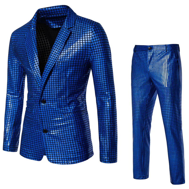 Summer New Men Rainbow Plaid Suit 2 Piece Gold / Silver Fashion Male Luxury Dance Party Performance Blazer Jacket and Pants