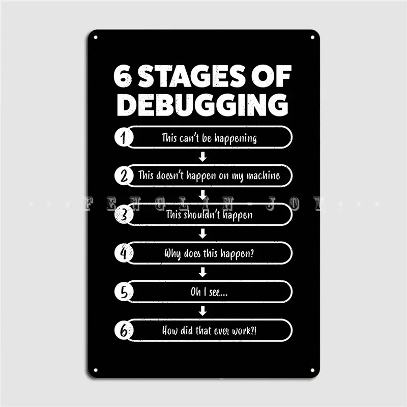 6 Stages Of Debugging Gift Metal Plaque Poster Plates Party Wall Pub Create Tin Sign Poster