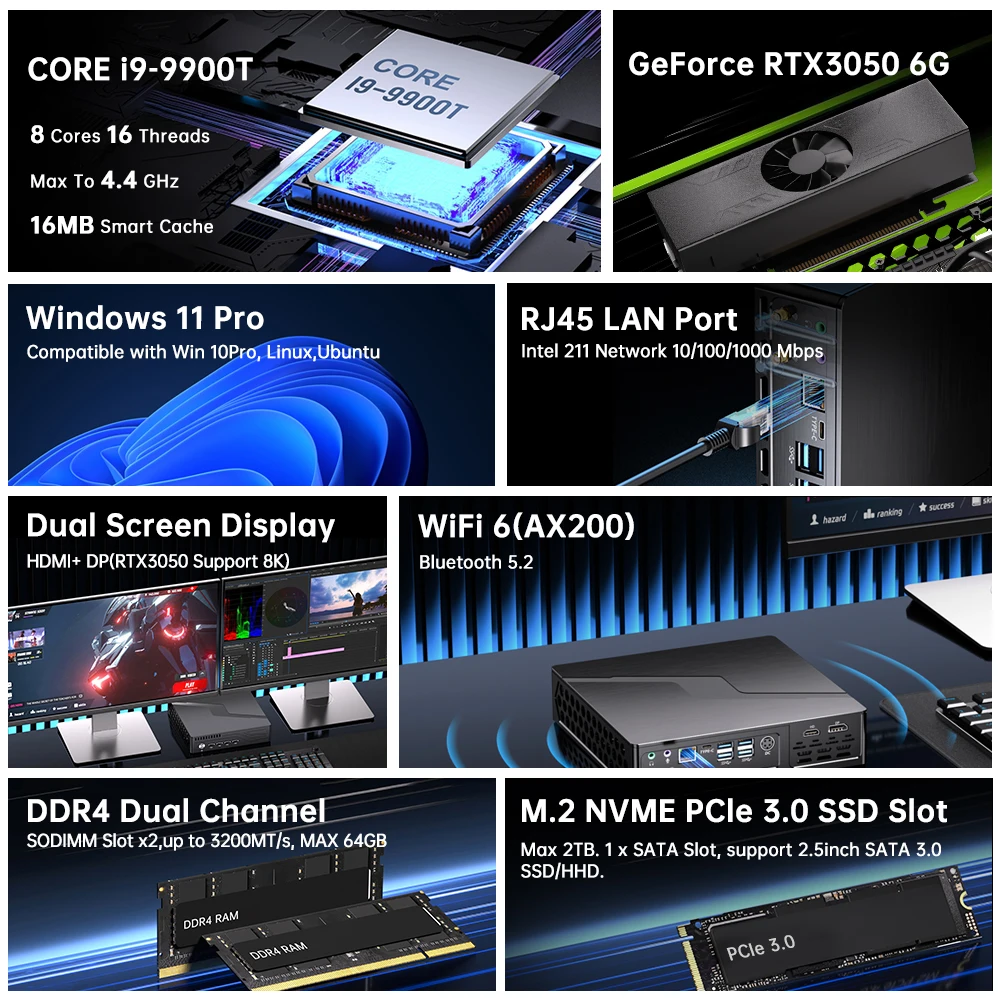 High Performance 9th Gen Mini PC Gaming I9 9900T RTX3050 6G with Dedicated Graphics Office Win11 Mini Computing Gamer WiFi6