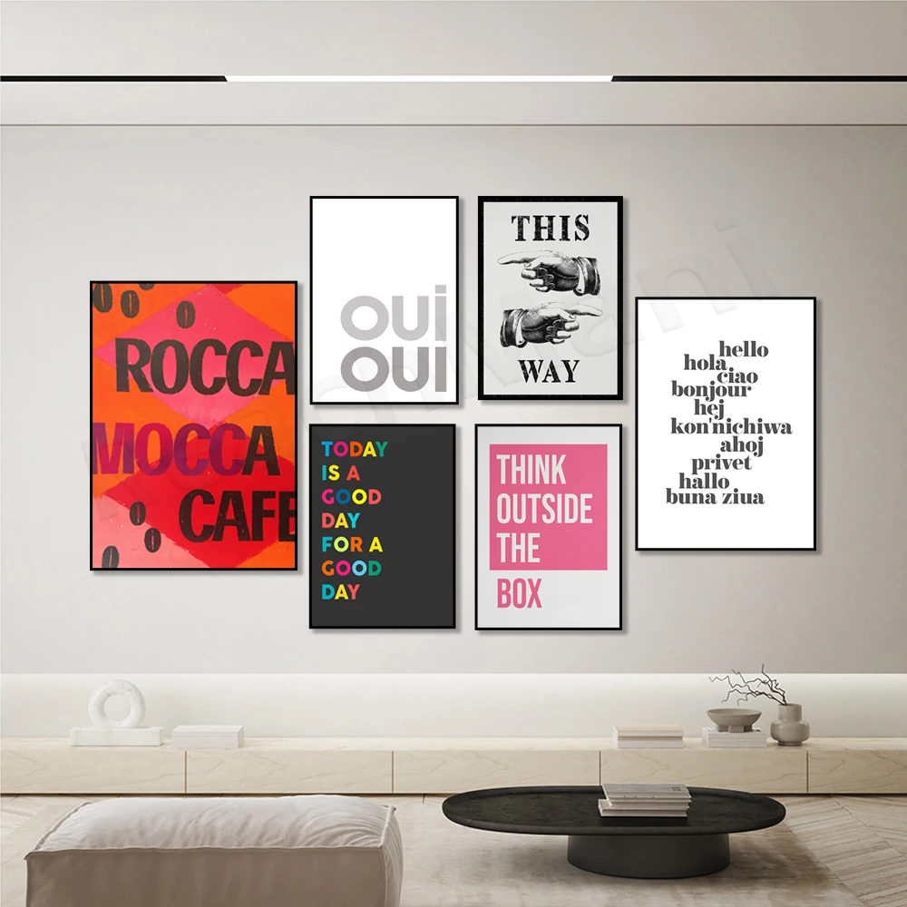 Rocca Mocca cafe, think outside the box, hello translation, today is a good day - light, OUI OUI, this way - typography poster
