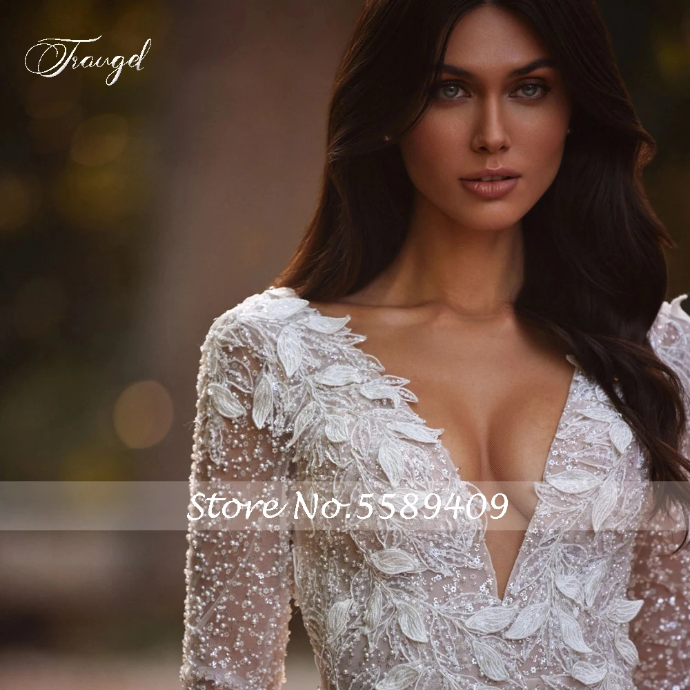 Traugel Elegante rückenfreie lange Ärmel Spitze Meerjungfrau Brautkleider Luxus Applikation Perlen Hofschleppe Vintage Trompete Brautkleid