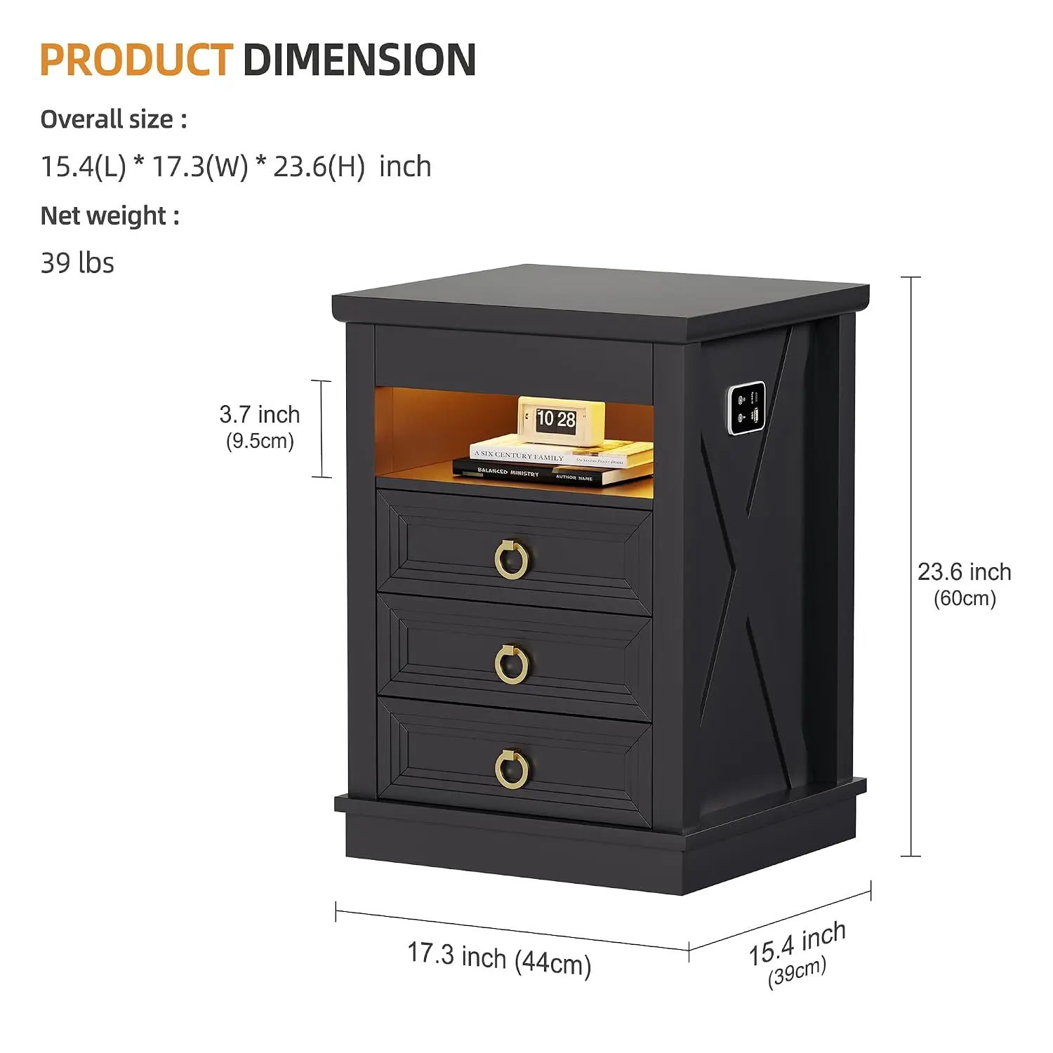 Lockable Nightstand With Hidden Drawer & Charging Station, Set Of 2, Black, Customized