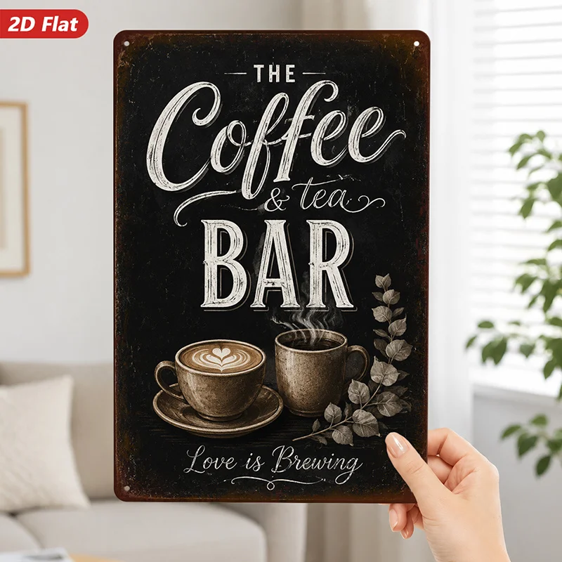 2D Flat, Metal Sign Wall Art,Tea Bar Decorative Art Print, Rustic Style, Love Is Brewing Text,for Kitchen,Living Room Home Decor