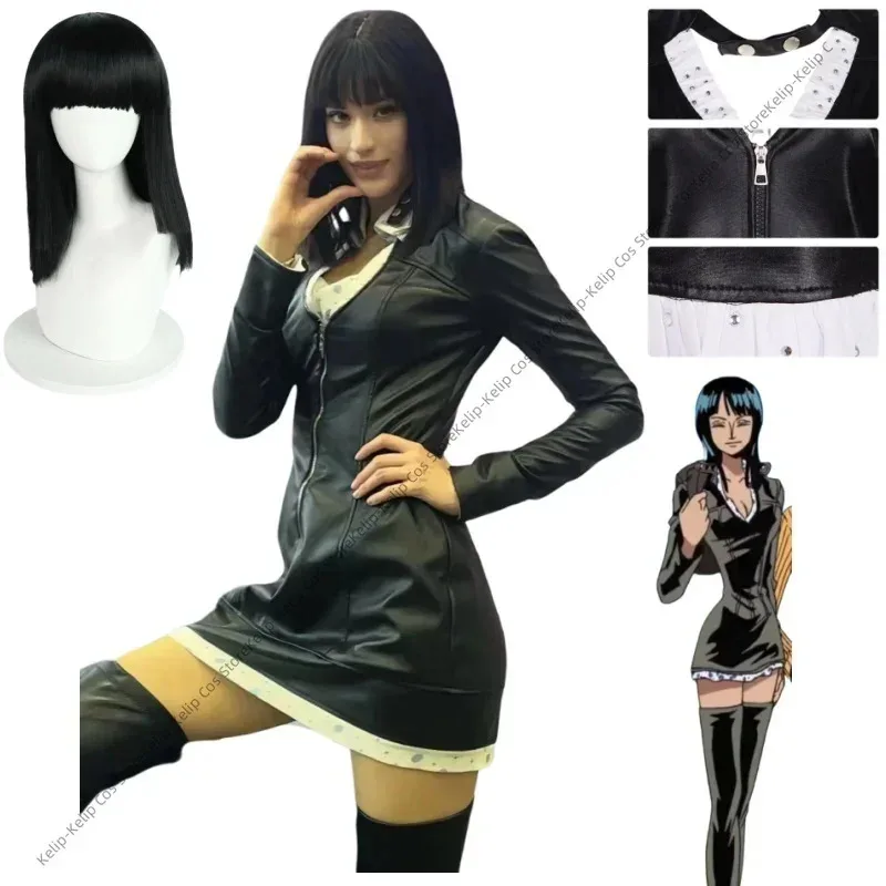 

Anime Nico Robin Cosplay Costume Miss Allsunday Black PU Uniform Long Sleeves Dress Woman Sexy Carnival Birthday Party Suit