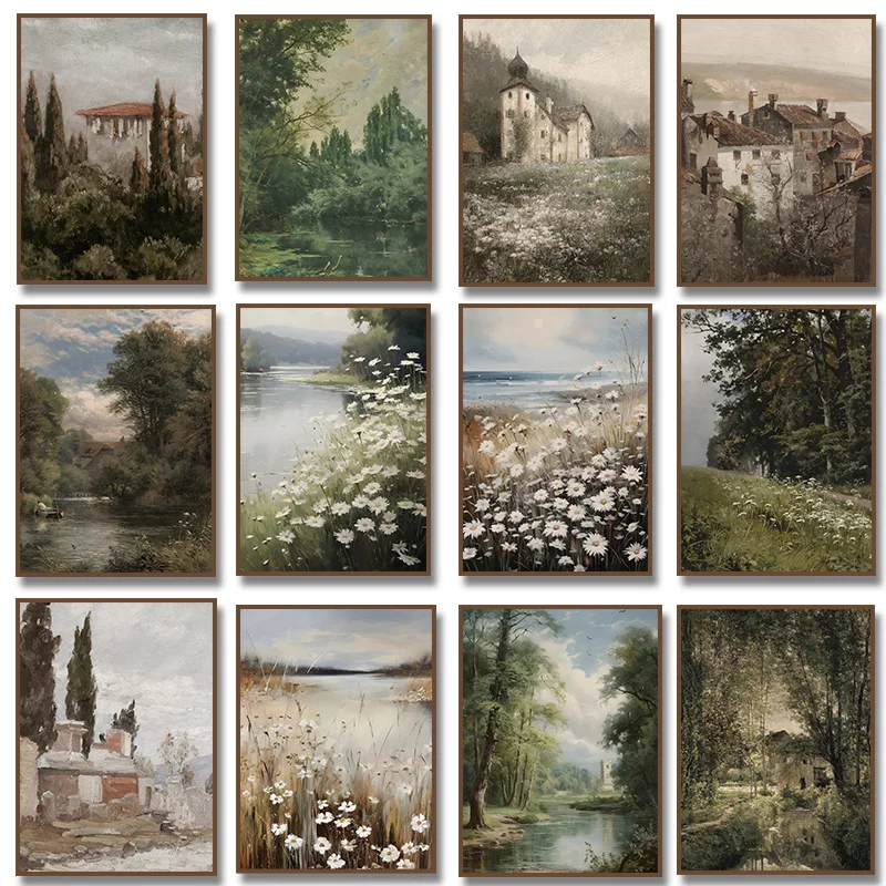 Vintage Countryside Spring Natural Views Wildflower Canvas Painting Wall Art Print  Rustic Landscape Poster Picture Home 