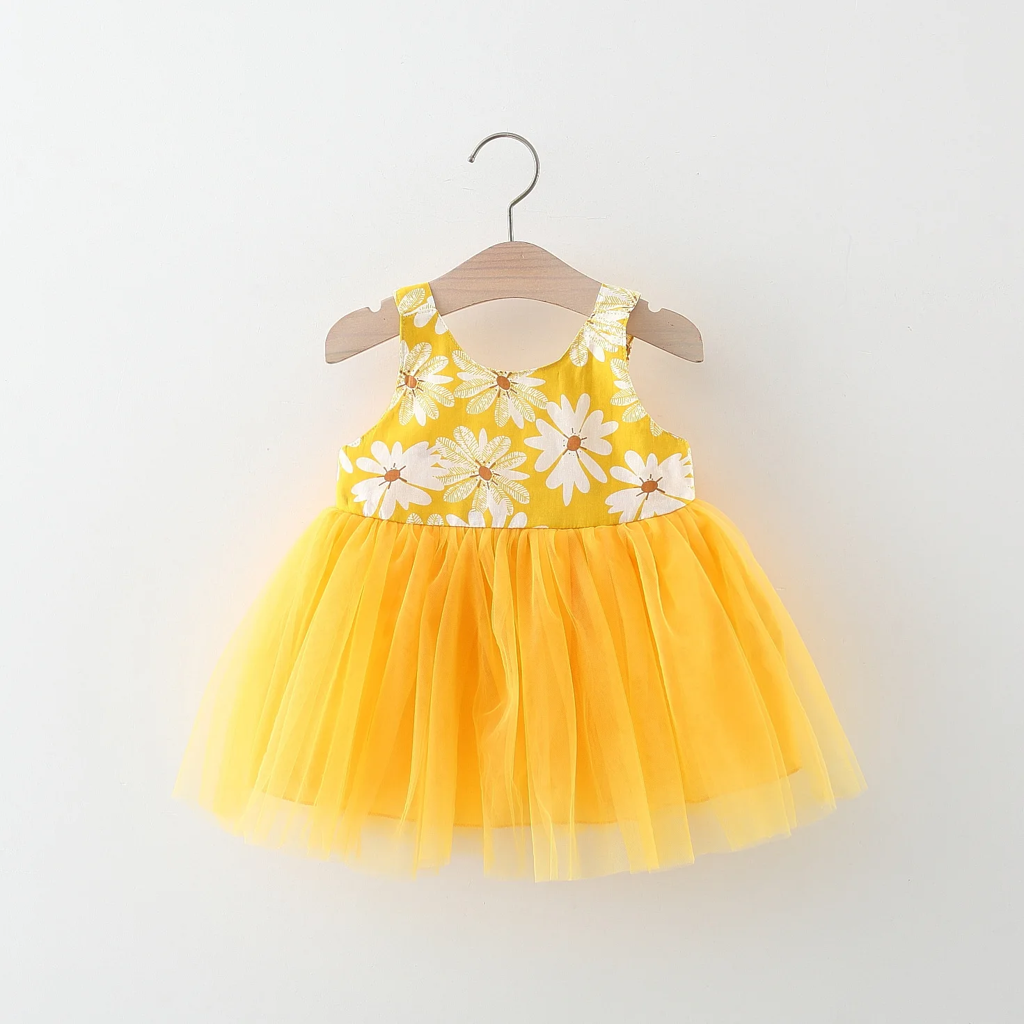 Summer girl baby dress newborn baby chrysanthemum print splicing mesh large bow sleeveless princess dress