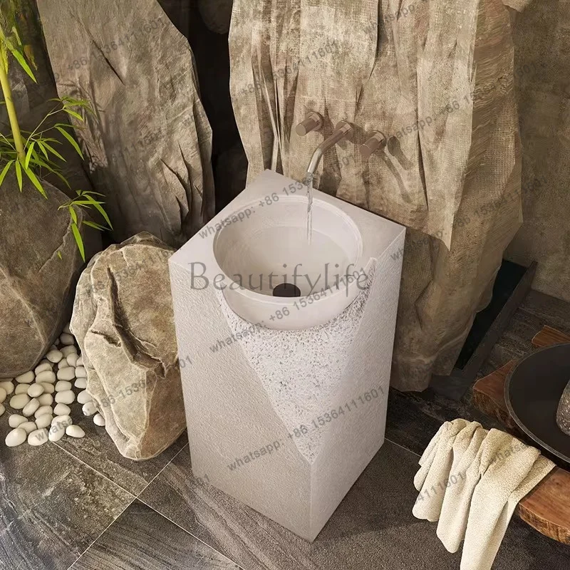 Creative Face Sink Japanese Wabi-sabi Pedestal Sinks Cream Style Designer Basin Floor-to-ceiling Integrated Art Wash Basin Stone