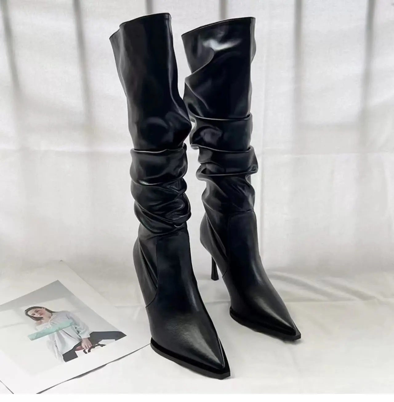 Autumn Sexy Winter Pleated Knee-high Boots Fashion Pointed Toe Female Stiletto Heels Black White High boots Women Boots Large