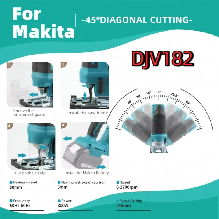 ماكيتا DJV182 بانوراما لاسلكية: 18 فولت، 300 وات، 0-2700 دورة في الدقيقة، 80 ملم للسفر، ± 45 °   القطع، لأمهام القطع الخشبية/البلاستيكية/المعادن