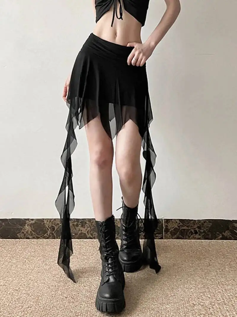 

Goth Dark 2000S Aesthetic Irregular Hem Short Skirt Gothic Fashion High Waist Slim A-Line Skirts E-girl Streetwear Mesh O2EZ