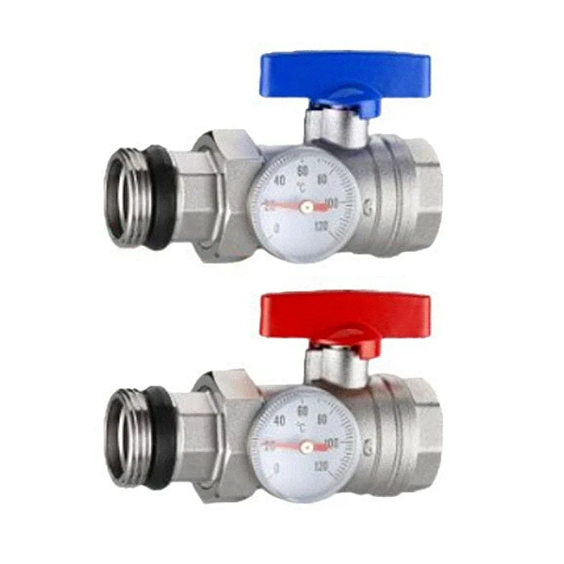 59-1Copper Inner and Outer Wire Ball Valve with Pressure Gauge Thickened Floor Heating Water Divider Inlet and Return Ball Valve