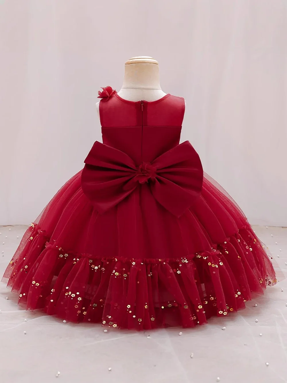Elegant Baby Girls Flower Bridesmaids Party Dress Golden Star Mesh Toddler 1st Birthday Wedding Princess Ball Gown