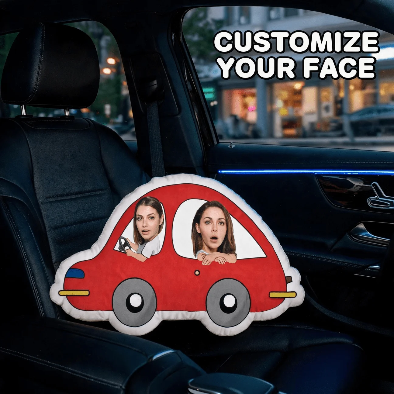 Custom Photo Car-Shaped Pillow, Personalized Face in Red Vehicle Decorative Cushion, Funny Expression Home Decor Accent for Sofa