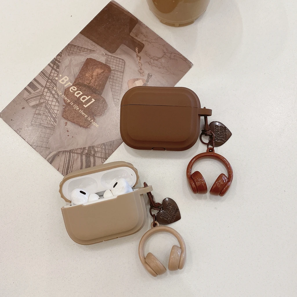 Retro Brown Khaki Solid Color With Heart Headset Pendant Shock Proof Earphone Cover Case for AirPods 1 or 2 3 4 5 Pro 2 Pro 3