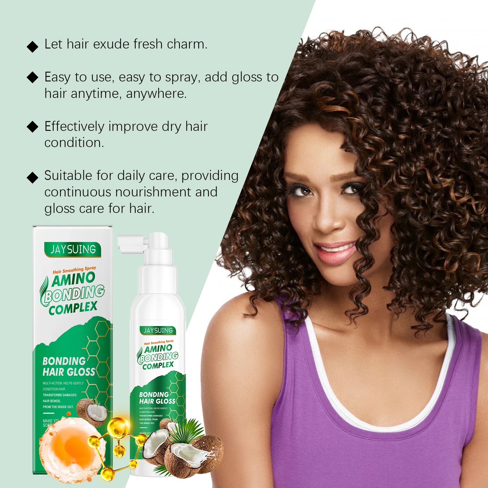 رذاذ مرطب للعناية بالشعر بزيت جوز الهند يعزز مرونة الشعر ويحسن التجفيف ويغذي وإصلاح فروة الرأس وبلسم ترك