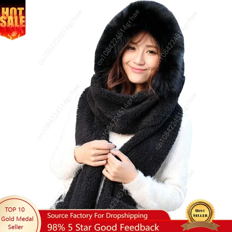 

Winter Warm Women Hoodie Hat/Scarf/Gloves Set Soft Plush Thick Warm Hat