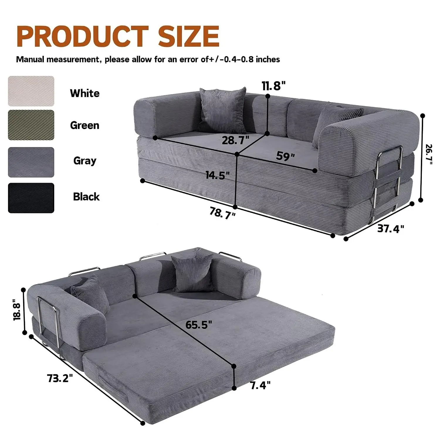 4-in-1 Floor Sofa King Size No Assembly, Upholstered Boneless Pull Out Couch Bed with 2 Pillows, Oversized Corduroy, Customized