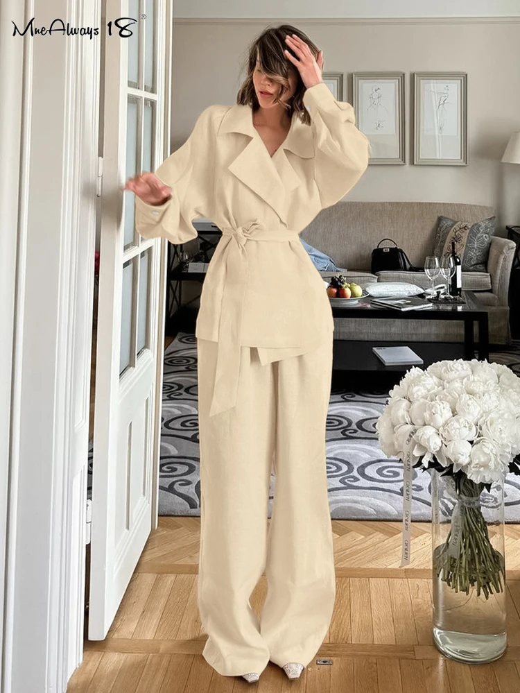 Mnealways18 Khaki Cotton Linen Pants Suits Womens Blazers Tops And Wide Legs Pants Office Ladies Autumn 2024 Business Outfits