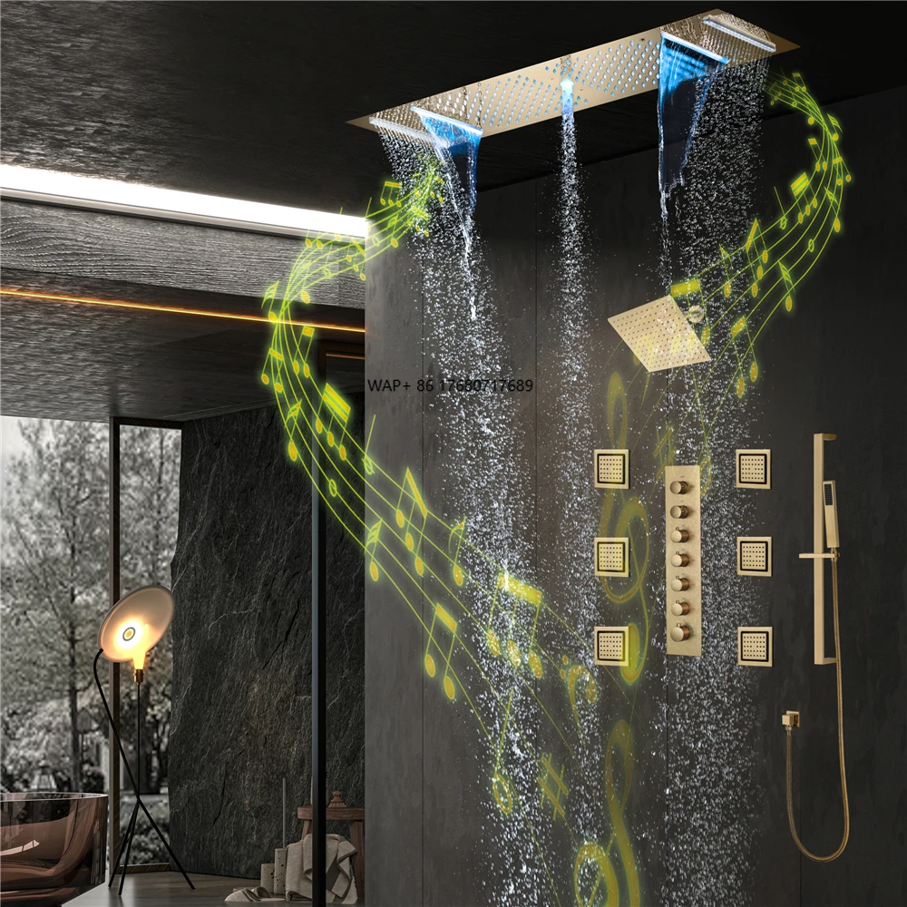 Juego de ducha termostática pulida para montaje en pared con válvula de latón, cabezal de ducha musical LED, patrones de pulverización de lluvia y masaje