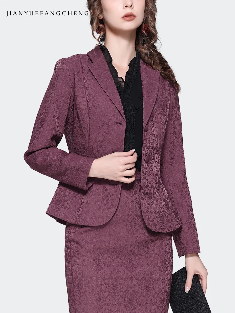 Elegante abito colletto donna manica lunga Jacquard Blazer viola Slim corto femminile autunno inverno cappotto giacca ufficio donna top