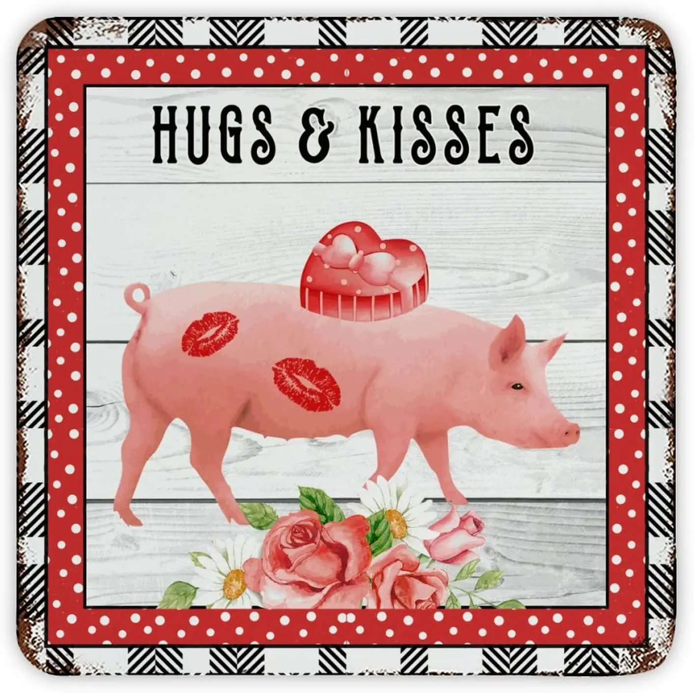 Retro Metal Tin Sign Valentine's Day Farm Animal Piggy Hugs And Kisses Nostalgic Home Pub Sign Plaque Vintage Metal Art