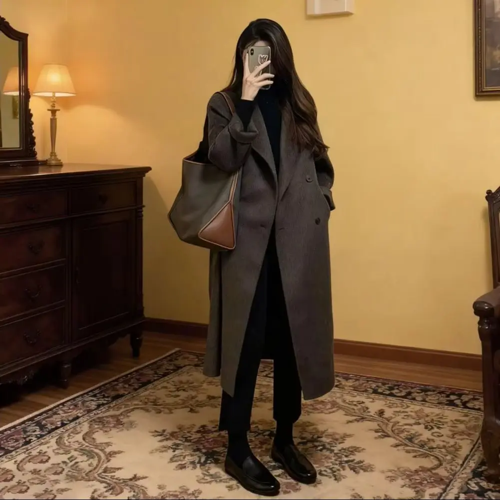 

Женское длинное шерстяное пальто с бархатной подкладкой, двубортное, с отложным воротником, повседневное, осенне-зимнее, в стиле тренчкот