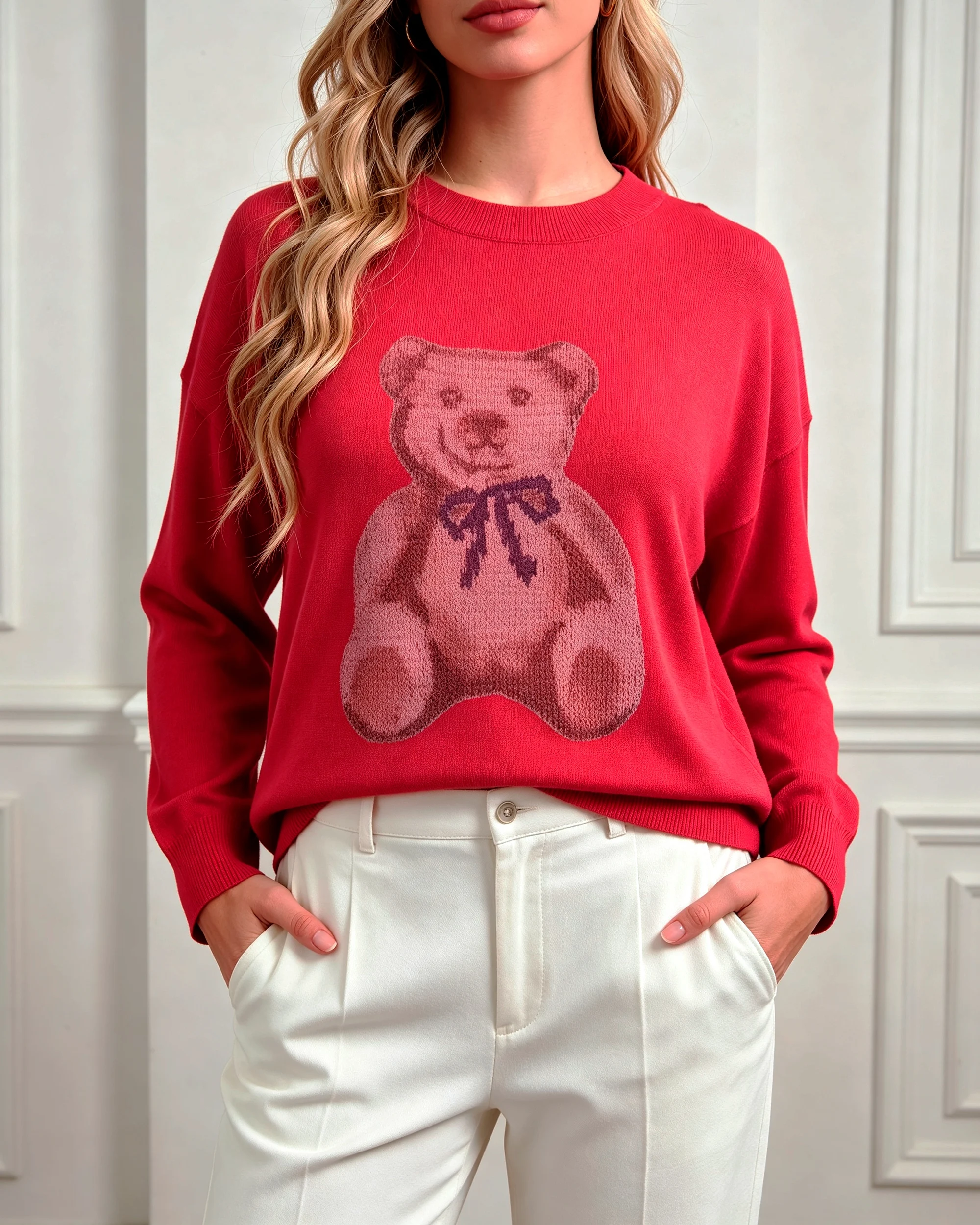 

Plus Size Women Casual Cartoon Bear Pattern Crew Neck Long Sleeve Knit Pullover, Spring Autumn Versatile Daily Wear