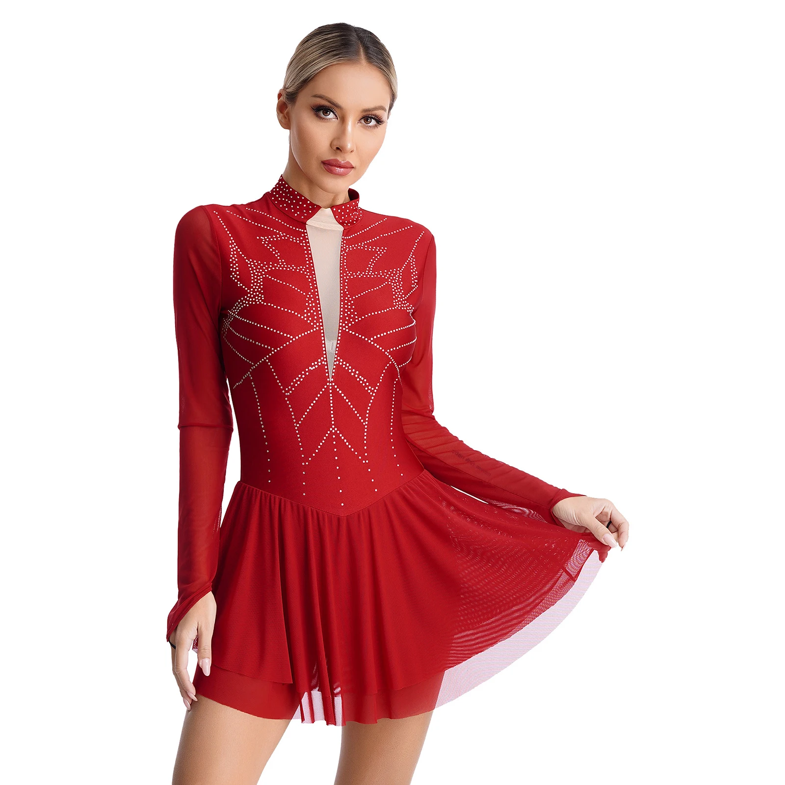 Womens Shiny Rhinestones Figure Ice Skating Competition Dress Long Sleeve Ballet Dance Performance Costumes Training Dancewear