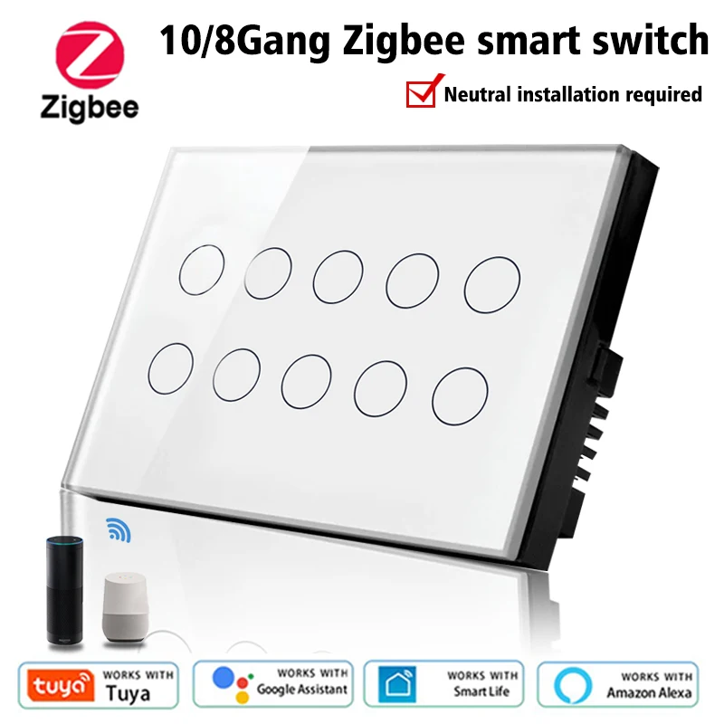 10Gang wifi or zigbee Smart Touch Light Wall Switch Glass Panel Tuya App whole house control Compatible with Alexa Google Home