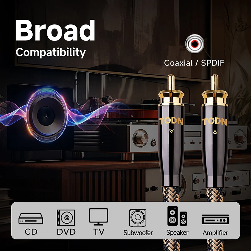 Kabel audio koaksjalny TODN, 75Ω, 7N OCC, wysokiej jakości, z wtykami RCA, kabel stereo, kabel do głośników, kabel do subwoofera, kabel do systemów Hi-Fi. — zdjęcie produktu 6