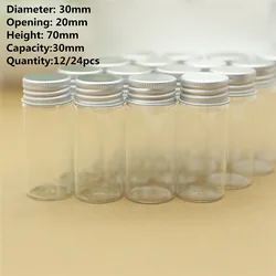 12/24 pcs 20*30*70mm 30ml Small Glass Vial Bottle Aluminum Caps Glass Tiny Jars Transparent Glass Containers Decorative Bottles