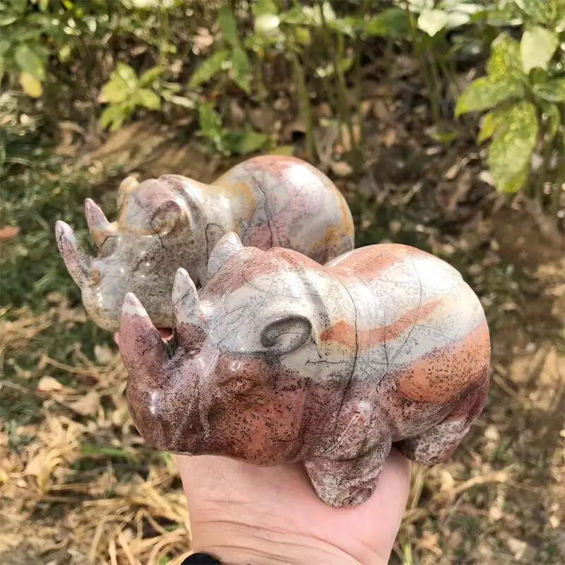Natural Picture Stone Rhino Carving Healing Fengshui Beautiful Folk Craft Crystal Carving For Gift 1pcs