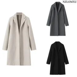 Autumn Winter Women Elegant Long Sleeve Loose Coat Woman Vintage Solid Color Lapel Warm Long Windbreaker Overcoat Clothing