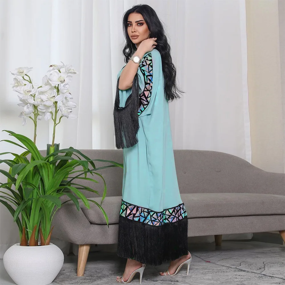 Eid Party Ramadan Sequin Tassel Abaya Women Muslim Loose Maxi Dress Dubai Kaftan Long Sleeve Gown Evening Morocco Jalabiya Robes