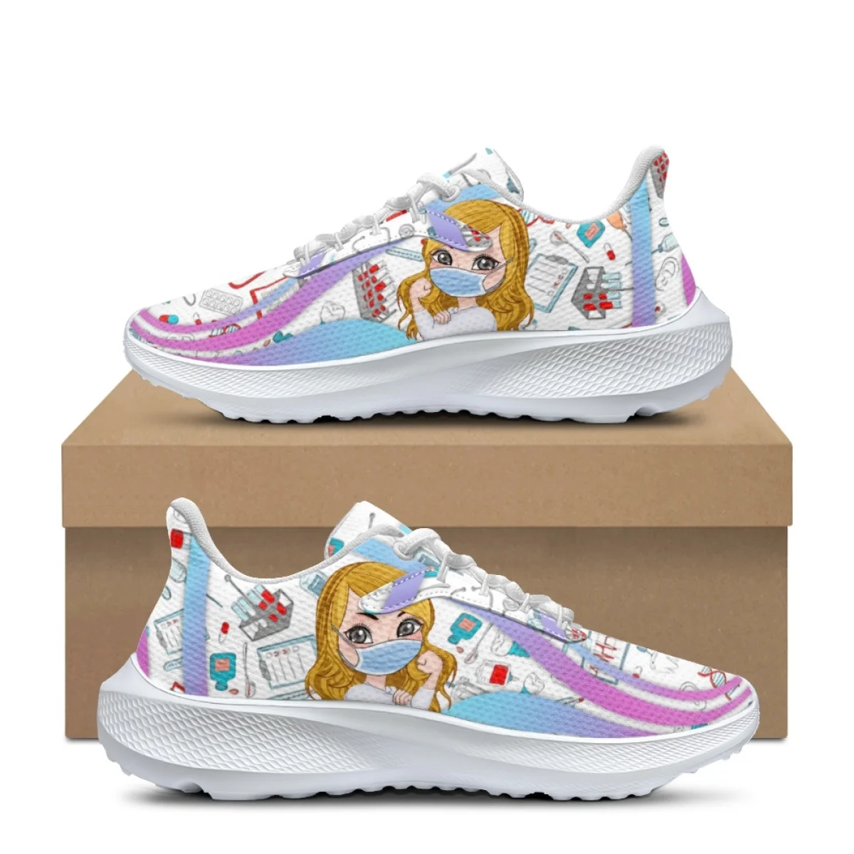 

Fashion Gradient Cartoon Nurse Print Casual Sneakers for Women Lace Up Outdoor Running Shoes Comfort Non-slip Flat Sports Shoes