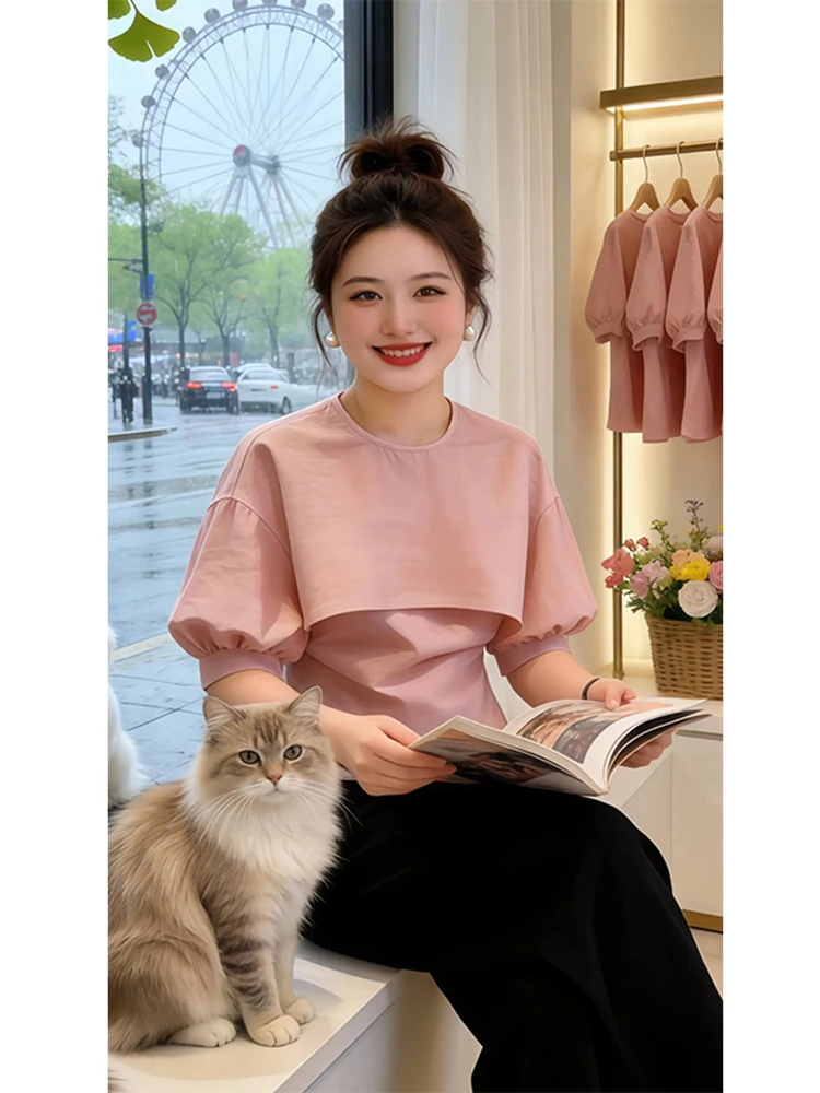 

Pink Short Sleeve Shirt Women's Fashion Design Summer New Style Elegant Five Sleeve Shirt Loose Fit Chinese Style Stand Collar
