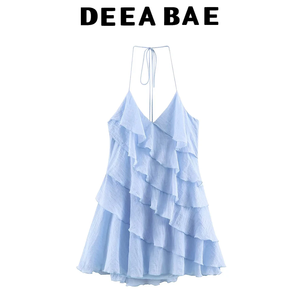 DEEABAE 2026 summer new women's clothing simple and fashionable V-neck backless layered mini suspender dress