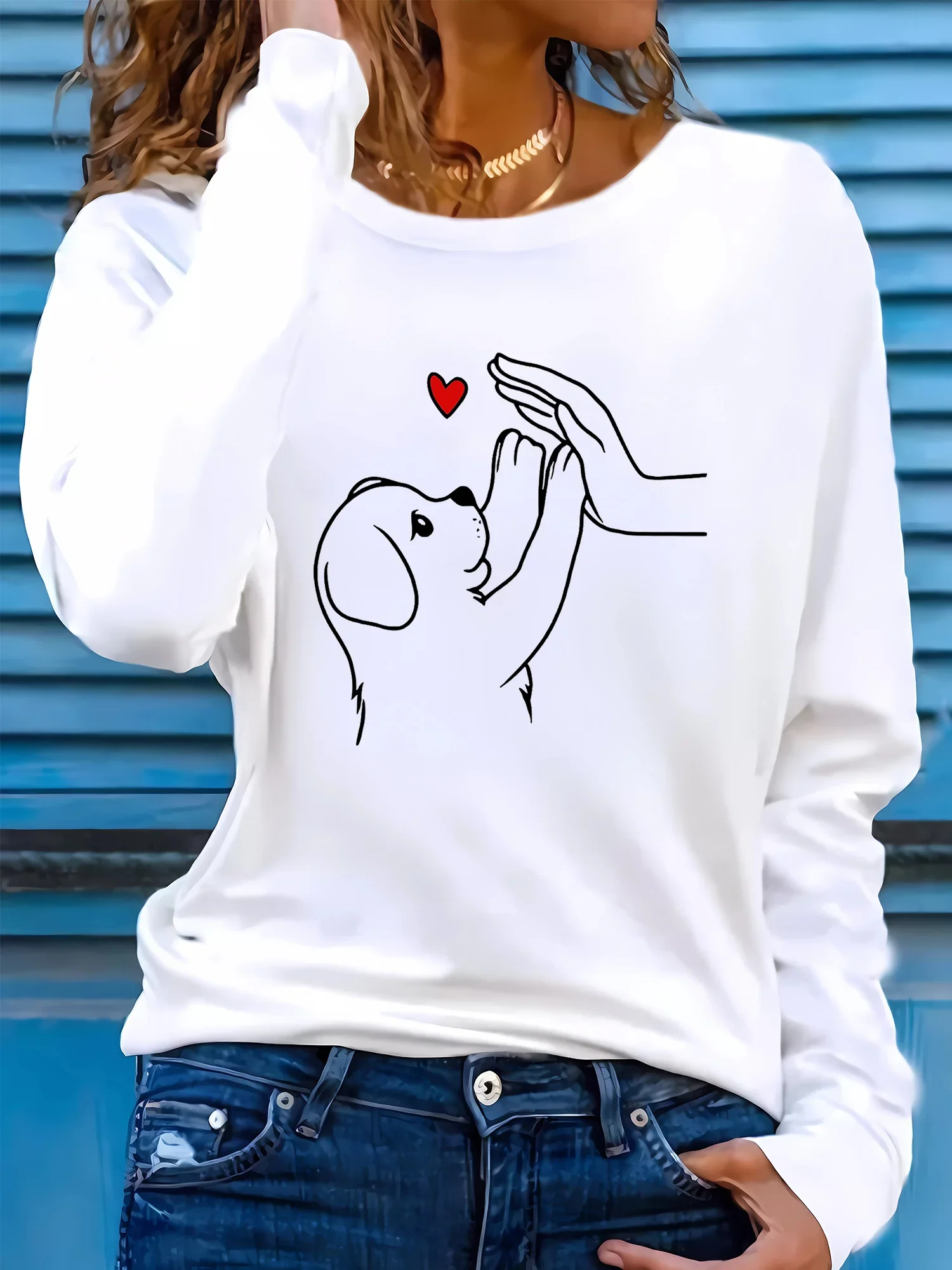 2026 Women's Paw and Dog Thumbs Up Print T-Shirt Casual Round Neck Long Sleeve T Shirt Pet Lover Outfit Female Graphic Vintage Tops